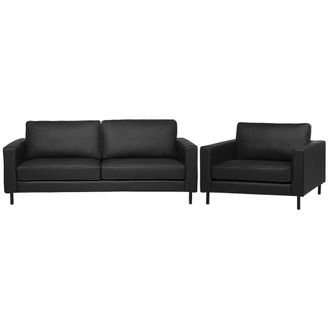 Beliani Conjunto De Sof&aacute;s Para Sal&oacute;n Sof&aacute; 3 Plazas Sill&oacute;n De Piel Negra Estilo Minimalista Savalen