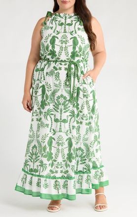 Sugarlips Kimana Floral Cotton Maxi Dress in White/Green at Nordstrom, Size 1 X