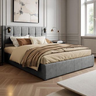 OEM Cama Lit 140x190 Cm De Terciopelo Gris - Somier Incluido, Led Y L&aacute;mparas De Lectura, Almacenamiento Hidr&aacute;ulico