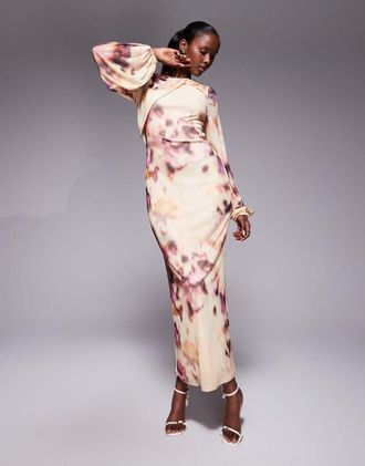 Asos Vestito midi a maniche lunghe beige con fiori stile macchie e intreccio sul collo-Multicolore