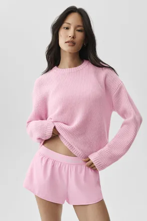 Alo | Wool Cashmere Ribbed Noble Crewneck Sweater Top in Pink Marshmallow, Size: Medium