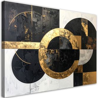 Feeby Cuadro Sobre Lienzo, Abstracci&oacute;n Textura C&iacute;rculos Formas Negro Dorado, 120x80