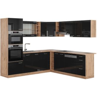 Vicco Cocina Esquinera R-line, Roble Negro/dorado De Alto Brillo, 237 X 247 Cm, Et Roble