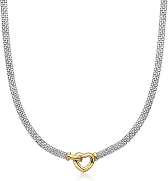 Ross-Simons Sterling Silver and 18kt Gold Over Sterling Heart Bismark-Link Necklace