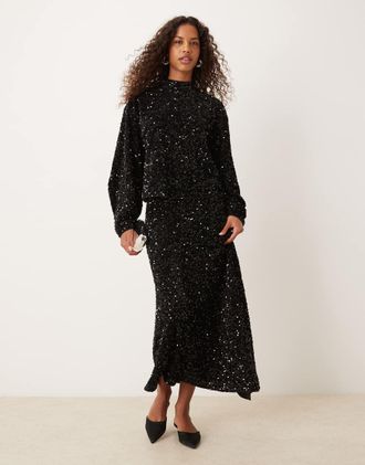 Asos Gonna midi avvolgente nera in velluto con paillettes in coordinato-Nero