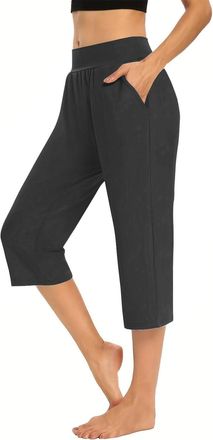 Generic AMDOLE Cropped Trousers for Women UK Cropped Capri Pants Ladies High Waisted 3/4 Length Trousers Elastic Waist Straight Leg Trouser with Pockets Solid