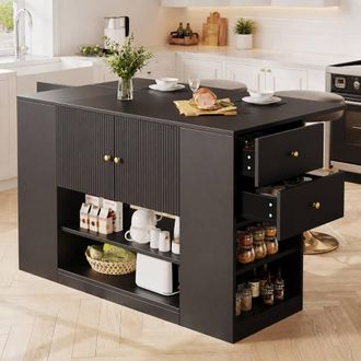 Merax Modern Kitchen Island with Foldable Tabletop, Drawers & Shelves in Black