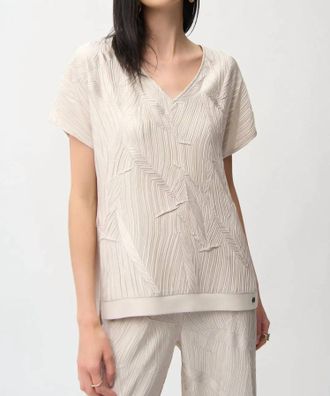 Joseph Ribkoff Pleated Satin V-Neck Boxy Top In Moonstone