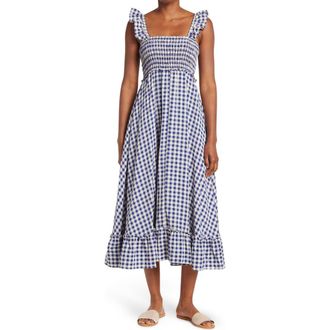 Max Studio Yarn Dye Ruffle Sleeve Smocked Dress in Indigo/Cream at Nordstrom Rack, Size X-Small