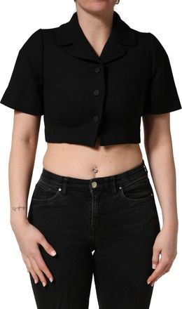 Dolce & Gabbana Womens Black Collared Short Sleeves Cropped Blouse Top
