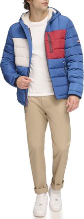 Tommy Hilfiger Mens Midweight Sherpa Lined Hooded Water Resistant Puffer Jacket Coat, Royal Blue Flag Print, XXL