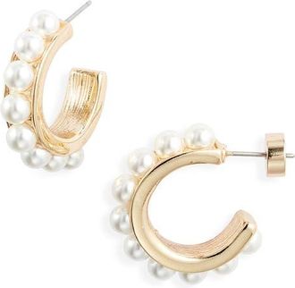 Nordstrom Channel Set Faux Pearl Hoop Earrings in White- Gold at Nordstrom