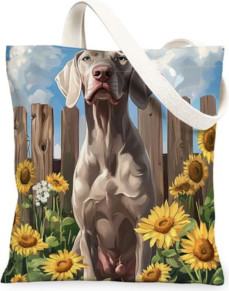 Generic Spring Weimaraner Dog Canvas Tote Bag for Shopping 13x15, Sunflower Fence Puppy Reusable Grocery Print Bag for Women, Farmhouse Pet Beach Aesthetic Pa