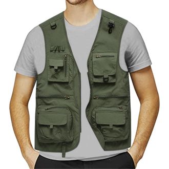 Generic Linen Waistcoat Mens Cargo Vest Outdoor Work Safari Fishing Vest Mesh Waistcoat With Multi Pockets MenS Lightweight Jacket Field Fishing Professional 