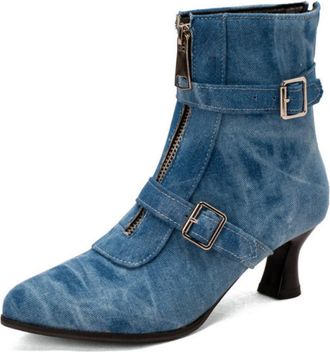 Generic Womens Pointed Toe 5.5cm Kitten Heel Dressy Ankle Boots with Buckle & Zip for Casual,Blue Fabric,5.5 UK