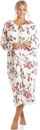 Camille Womens Super Soft Fleece Housecoat -Floral Zip Up Bathrobe - Long Sleeved and Side Pockets for Ultimate Comfort & Warmth Ivory 10-12