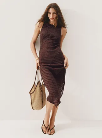 Icone Womens Asymmetrical textured micromesh midi dress