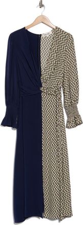 Diane Von F&uuml;rstenberg Michelle Long Sleeve Colorblock Dress in Vintage Logo Ivory/Navy at Nordstrom Rack, Size 8