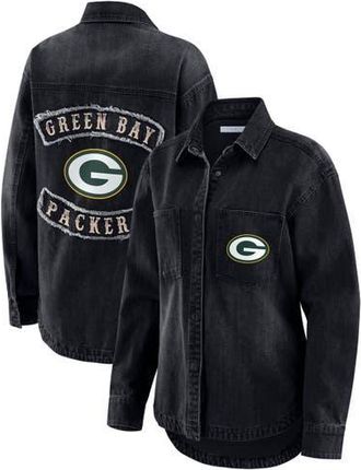 WEAR by Erin Andrews Womens WEAR by Erin Andrews Black Green Bay Packers Washed Oversized Denim Full-Snap Shacket at Nordstrom, Size X-Large