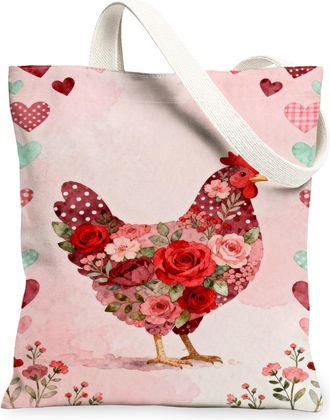 Generic Floral Chicken Canvas Tote Bags, Cute Heart Pattern Reusable Grocery Bags, Spring Vintage Lightweight Washable Shoulder Str, Peach, 13x15 Inch