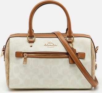 Coach Off White/brown Signature Coated Canvas And Leather Rowan Boston Bag