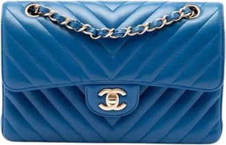 Chanel Pre-owned Double Flap Chevron Shoulder Bag - Dames - Vintage Schoudertas - Blauw - ONE Size - Leer - Vintage