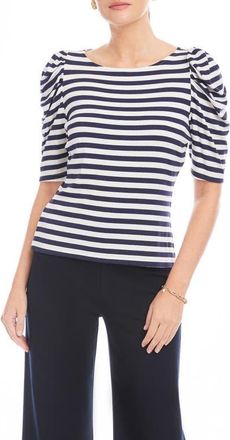 Fifteen Twenty Marni Stripe Ruched Sleeve Rib Top in Navy W/White at Nordstrom, Size Medium