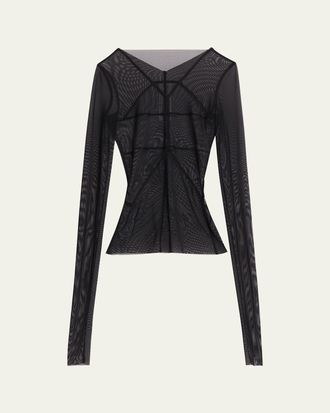 Rick Owens Temple Seamed Mesh Long-Sleeve Top