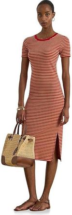 Lauren Ralph Lauren Striped Cotton-Blend Ribbed T-Shirts Dress Womens Dress Cruise Red/Birch Tan : XL, Cotton/Elastane/Modal