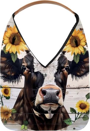 Generic Sunflower Wreath Cow Wood Board Reusable Lightweight Grocery Bags - Foldable Into Compact Pouch, Washable & Sturdy, Multipurpose for Shopping and Trav