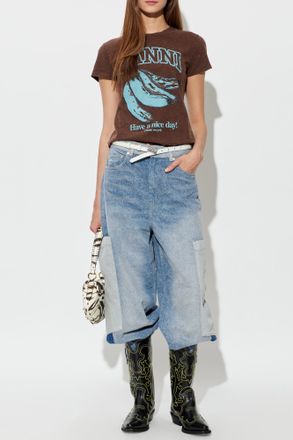 Ganni Printed T-shirt, Womens, Brown