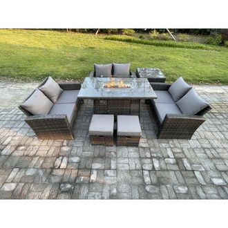 Fimous High Back Rattan Garden Furniture Sofa Sets with Outdoor Furniture Gas Firepit Dining Table Set Side Table 2 Small Footstools Dark Grey Mixed - Fimous