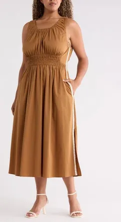 Wit & Wisdom Smocked Waist Lace Trim Sleeveless Maxi Dress in Butter Toffee at Nordstrom, Size 3X