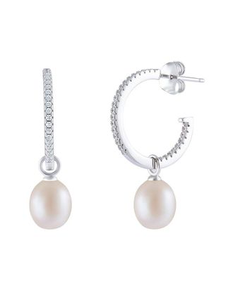 Splendid Pearls Silver 8-8.5mmmm Pearl CZ Earrings
