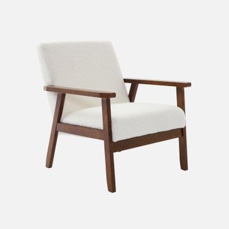 Sweeek Sweeek - Sill&oacute;n Rizado Escandinavo De Madera De Hevea Te&ntilde;ida De Nogal Claro, Isak Borreguito, Borreguito Blanco, 64x69.5x73 Cm