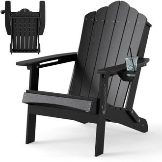 Costway Folding Adirondack Chair HDPE Beach Lounge with Drink Holder Black