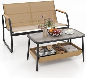 Costway Set Tavolo e Panca da Giardino, Tavolino da Caffè con 2 Scomparti di Stoccaggio, Set Bistro da Esterno in Metallo, per Balcone Veranda