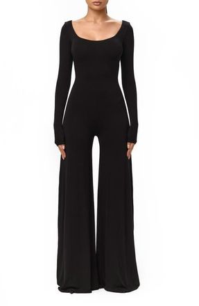Naked Wardrobe Smooth Scoop Neck Long Sleeve Jumpsuit in Black at Nordstrom, Size X-Small