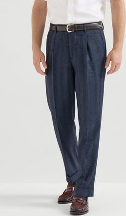 Brunello Cucinelli Cashmere and silk chevron flannel trousers with pleat in Navy Blue at Nordstrom, Size 54