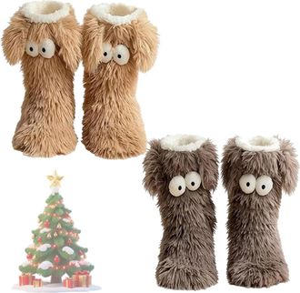Generic Cozy Socks, Womens Winter Warm Fuzzy Non-Slip Slipper Socks with Cute Big Eyes, Thick Fleece Indoor Home Floor Socks (Brown) (A+C)