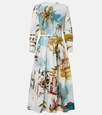 Oscar De La Renta Pleated printed cotton-blend cocktail dress