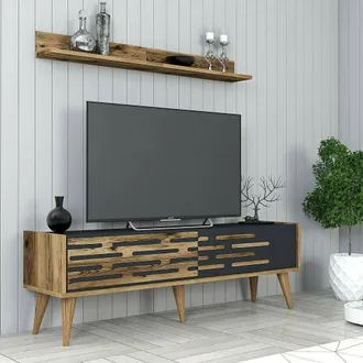 Dmora Mobile Porta Tv Achernar, Credenza Da Soggiorno, Armadio Basso Per Tv, Base Parete Attrezzata, 140x45h35 Cm, Noce E Antracite, Con Imballo Rinforzato,