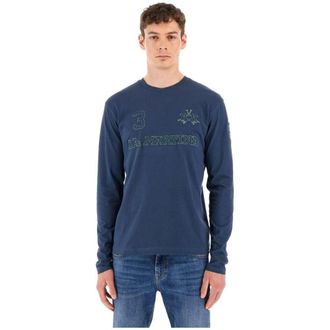 La Martina Tops, Heren, Blauw, M, Katoen, Geborduurde longsleeve katoenen top