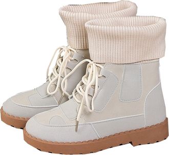 Generic Cuff Winter Ankle Boots, Womens Platform Round Toe Lace Up Short Boots, Thermal Medium High Casual Shoes for Fall and Winter (3.5,Beige)