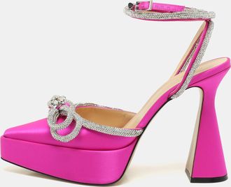 Mach & Mach Pink Satin Double Bow Crystal Embellished Platform Pumps