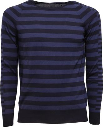 Hosio Girocollo Rigatof 14 - Heren - Ronde hals truien - Blauw - S - Katoen - Truien & Vesten
