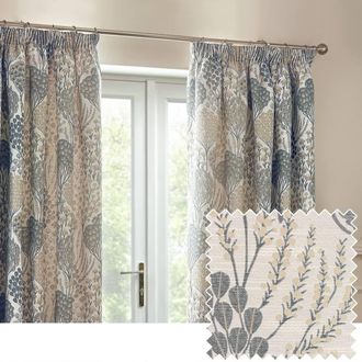 Wylder Ophelia Floral Room Darkening Pencil Pleat Curtain Pair in Mid Blue | Size: 229 cm width x 229 cm drop