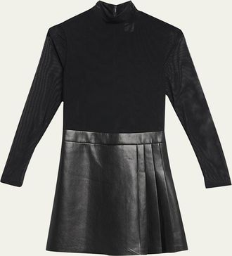 Alice & Olivia Chara Long-Sleeve Vegan Leather Pleated Mini Dress