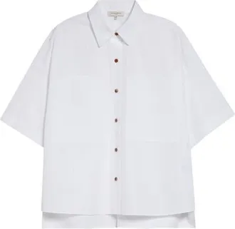 Lafayette 148 New York Workwear Organic Cotton Poplin Short Sleeve Button-Up Shirt in White at Nordstrom, Size X-Large