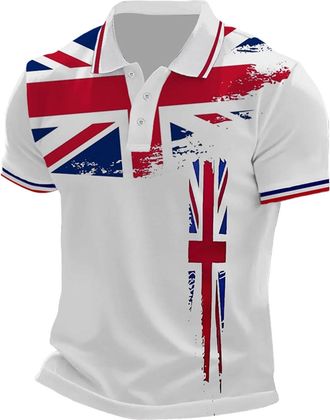 Generic Mens Union Jack Polo Shirt Bunting Flags Print Great Britain Short Sleeve Collared Button Down Golf Shirt Summer Regular Fit T-Shirt Holiday Clothes f